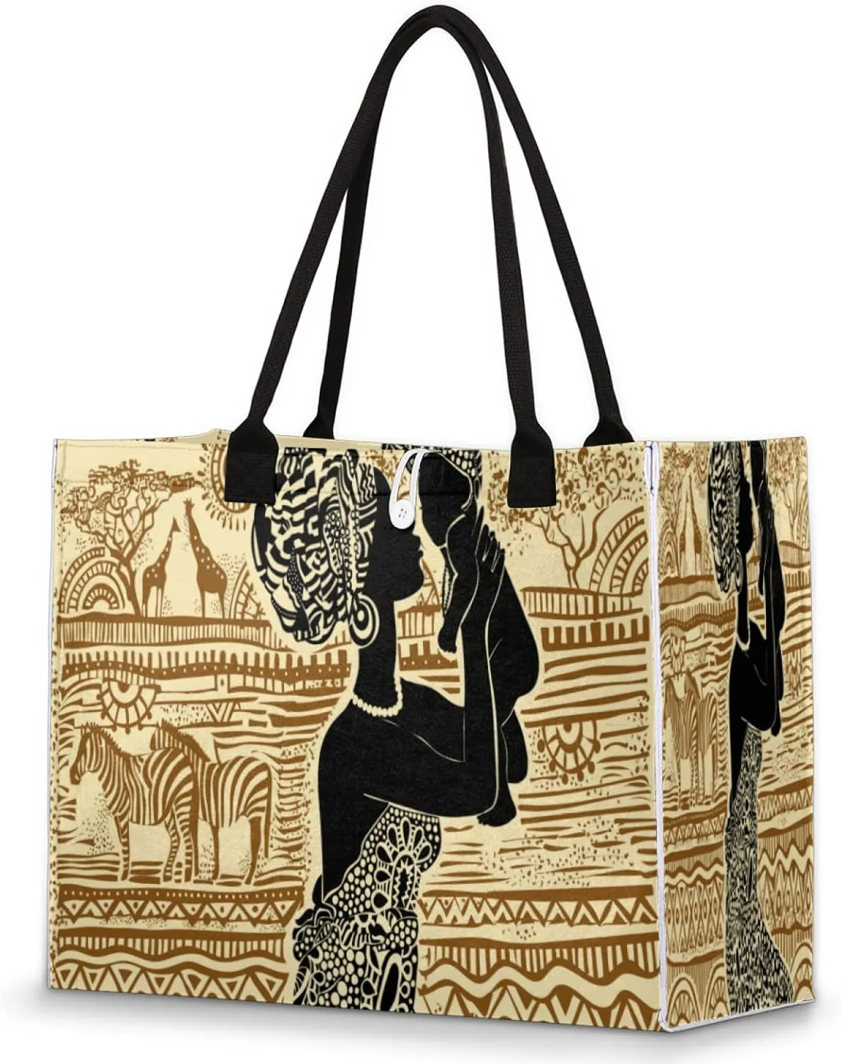 AUUXVA Beach Tote Bag African Black Woman Large Travel Bag Utility Tote Bag Women Shoulder Bag Reusable Grocery Bag with Zipper Pouch for Travel Shopping Work School