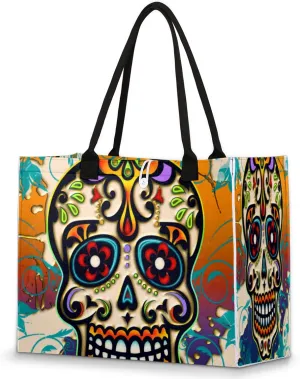 AUUXVA Beach Tote Bag Mexico Day Of The Dead Sugar Skull Large Travel Bag Utility Tote Bag Women Shoulder Bag Reusable Grocery Bag with Zipper Pouch for Travel Shopping Work School