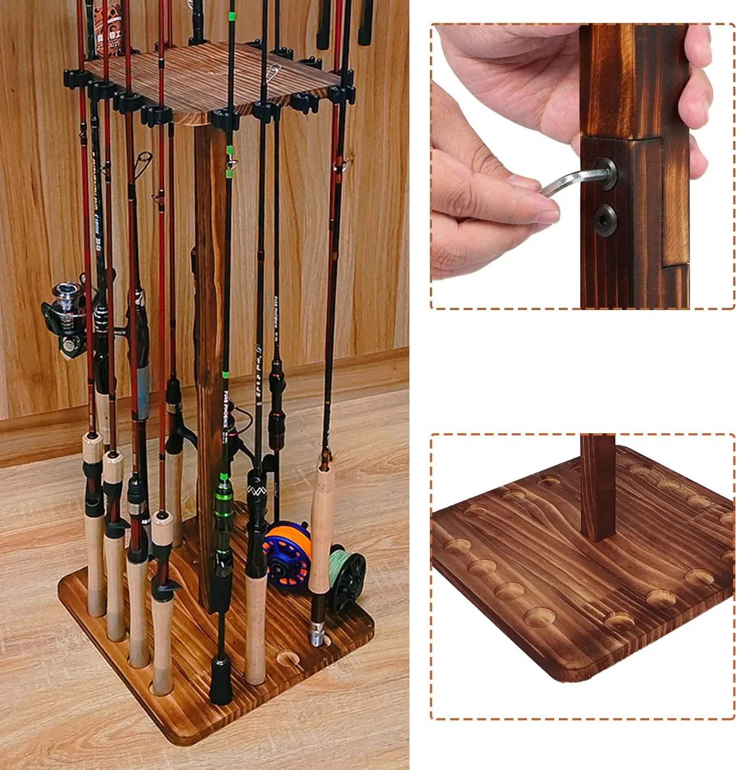 Aventik Fishing Rod Holders for Garage, Floor Stand Holds up to 15&16 Rods Wood Fishing Gear Equipment Storage Organizer, Fishing Pole Rack(16s Rod Rack)