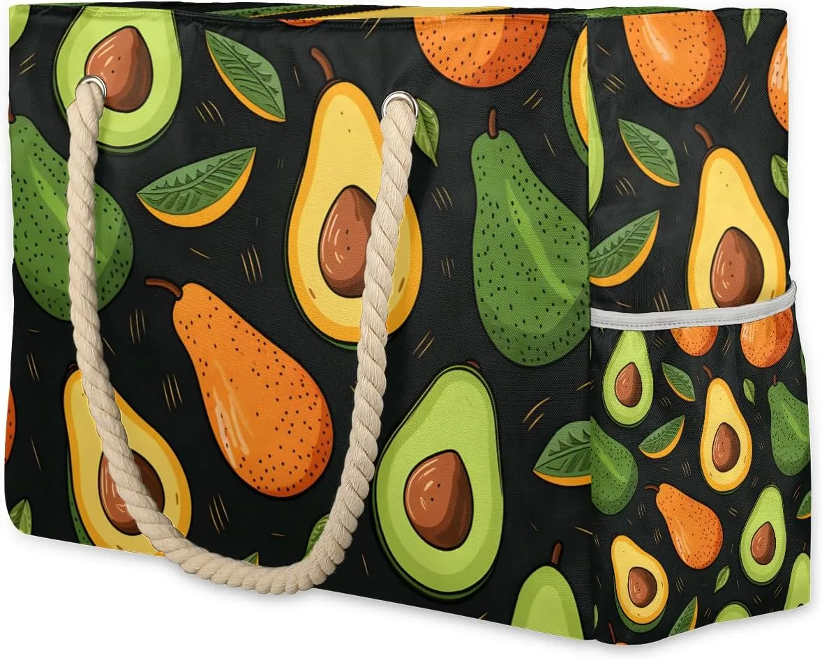 Avocado Large Beach Tote Bag Women Waterproof Sandproof Zipper Fruit Avocado Beach Bag for Pool Gym Grocery Travel with Wet Pocket