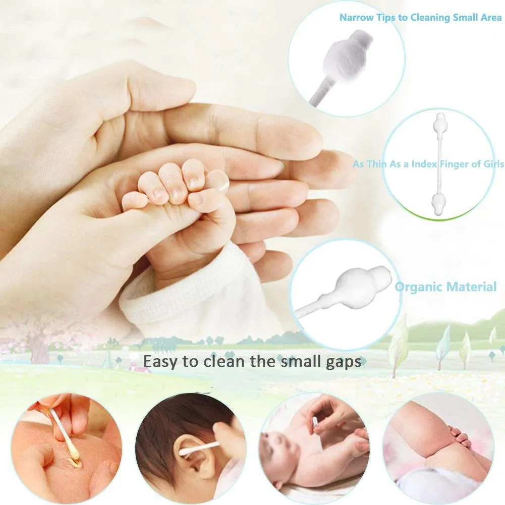 Baby Cotton Swabs, Organic Fragrance and Chlorine-Free Kids Safety Swabs, 100% Biodegradable Gentle Baby Qtips, Hypoallergenic Children Cotton Buds|4 Packs of 55 Swabs (220 Total)