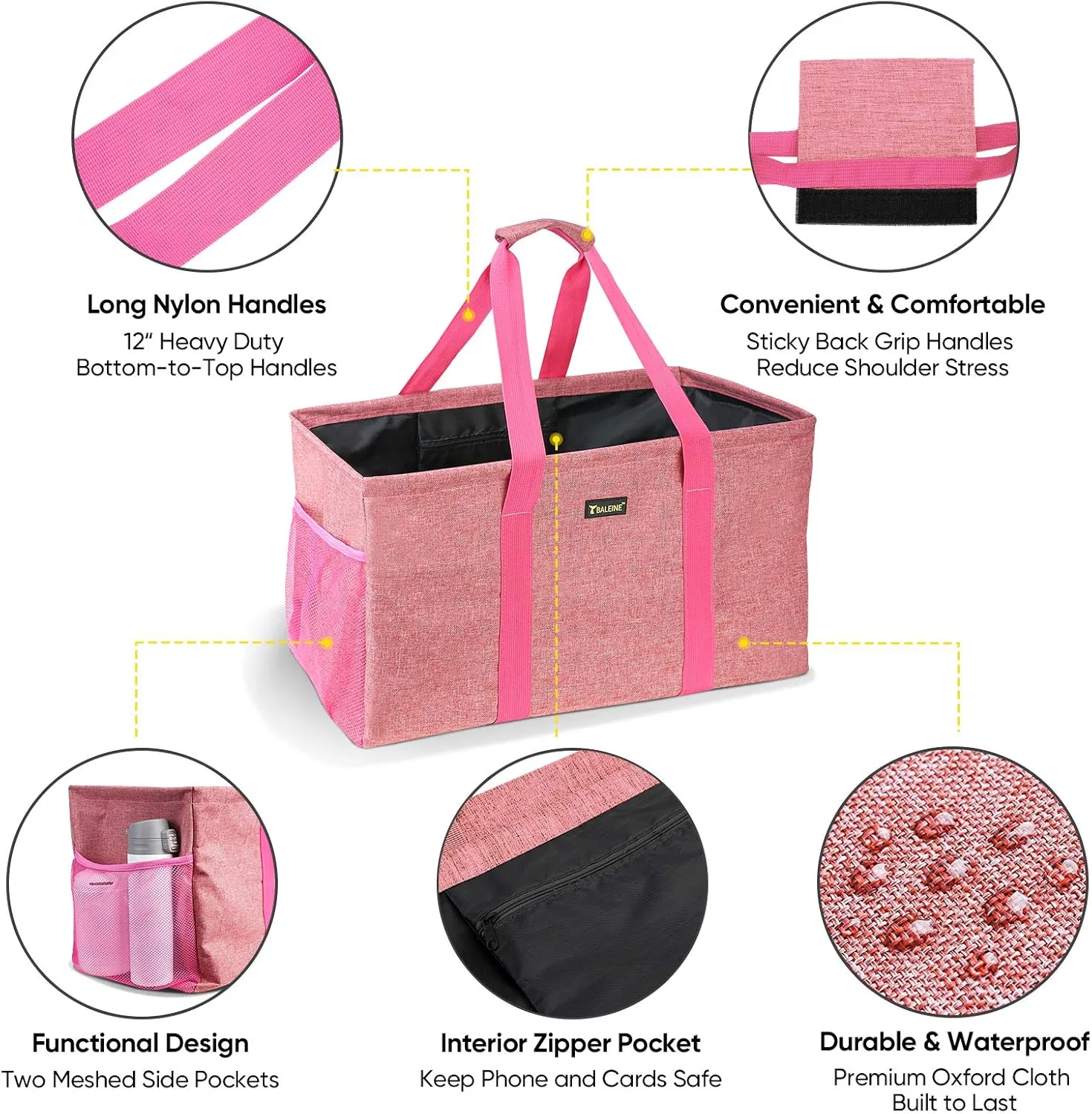 BALEINE Extra Large Utility Tote Bag with Wire Frame for Storage (Pink, 22''x12''x10'')