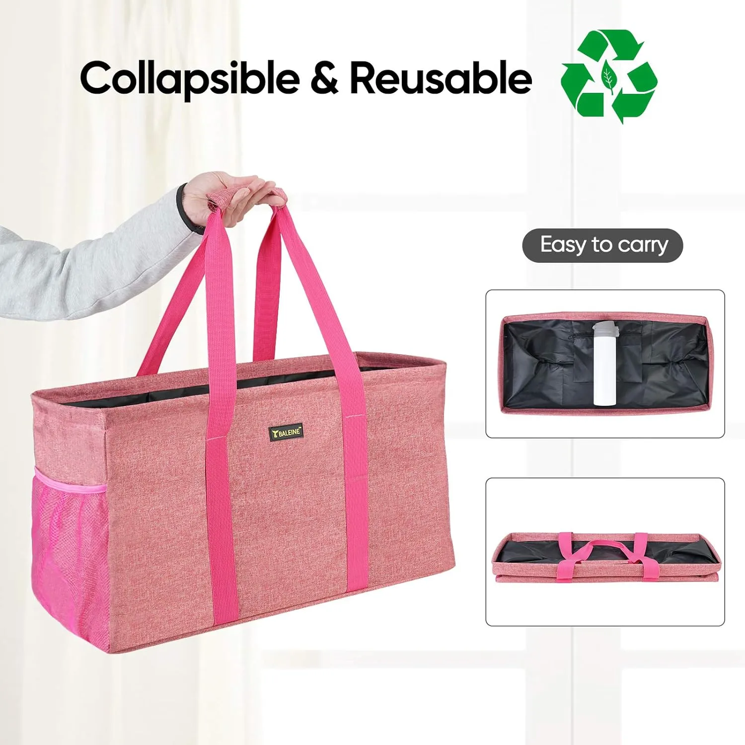 BALEINE Extra Large Utility Tote Bag with Wire Frame for Storage (Pink, 22''x12''x10'')