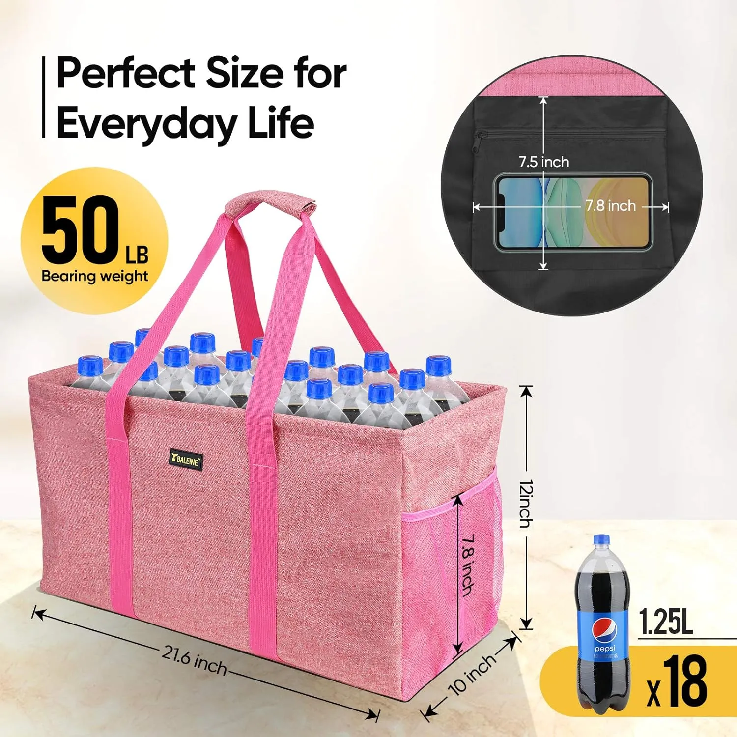 BALEINE Extra Large Utility Tote Bag with Wire Frame for Storage (Pink, 22''x12''x10'')