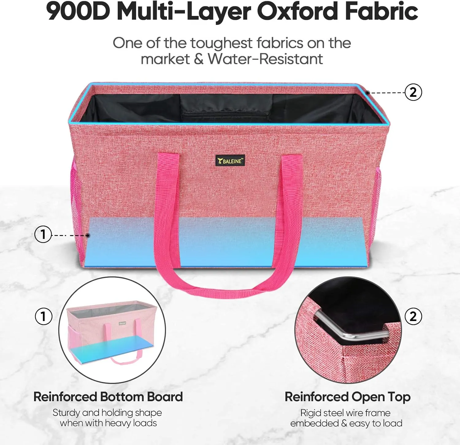 BALEINE Extra Large Utility Tote Bag with Wire Frame for Storage (Pink, 22''x12''x10'')