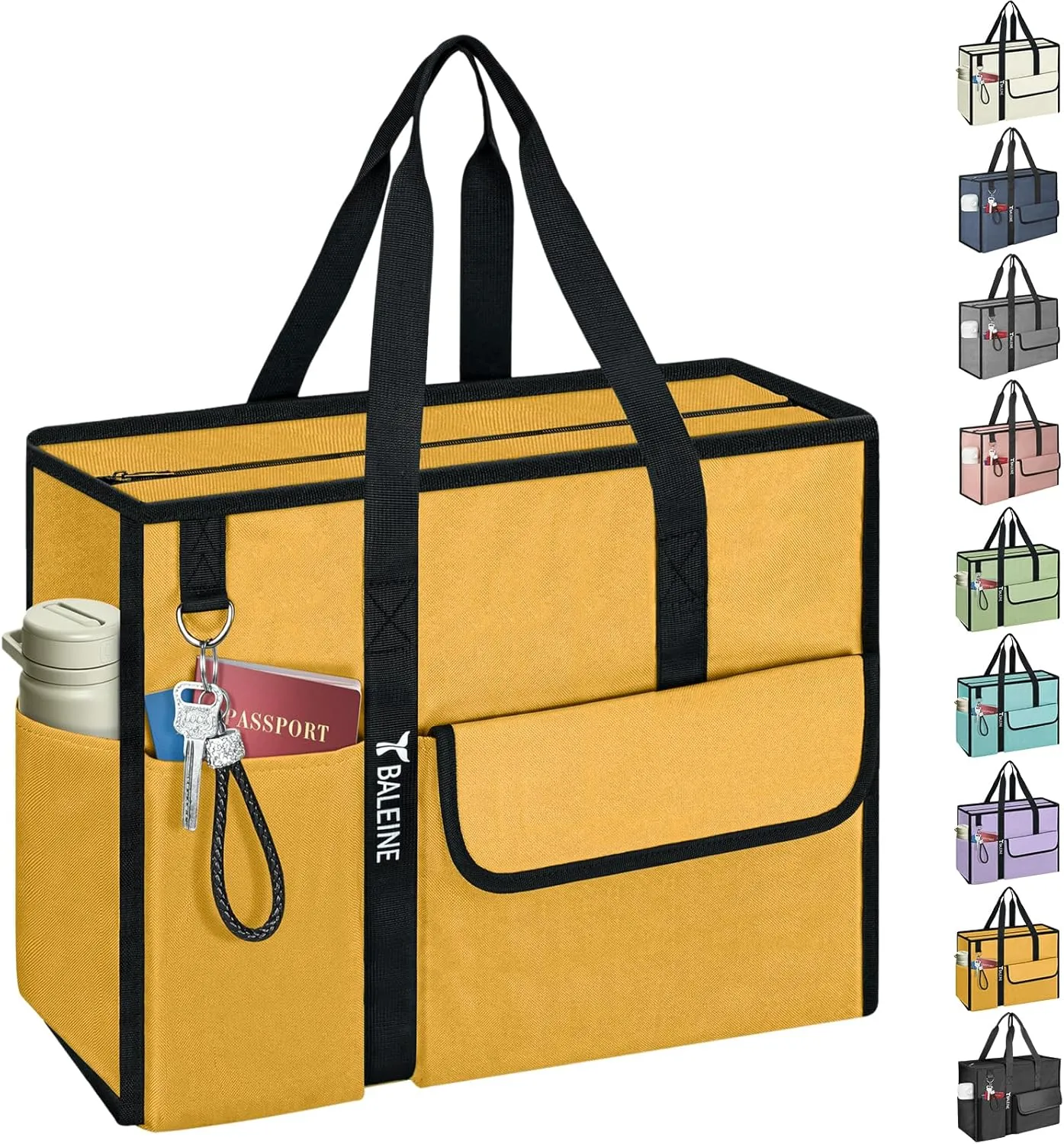 BALEINE Large Utility Tote Bag with Reinforced Bottom, Multi Pockets Foldable Tote Bag for Nurse, Travel, Work