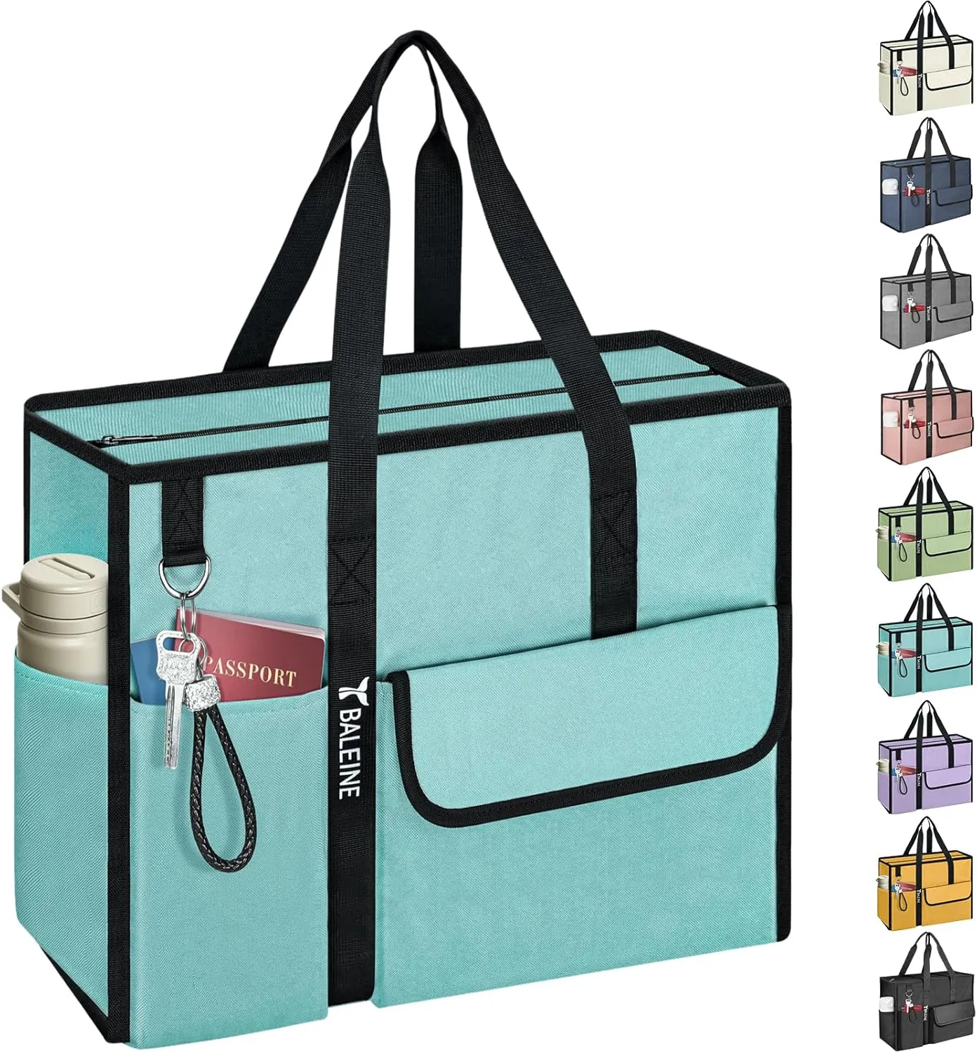 BALEINE Large Utility Tote Bag with Reinforced Bottom, Multi Pockets Foldable Tote Bag for Nurse, Travel, Work