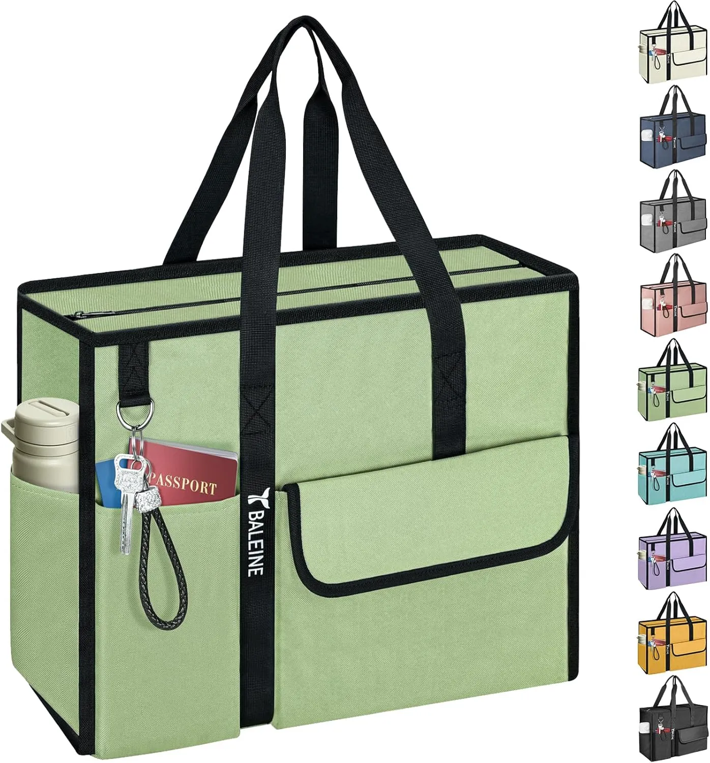 BALEINE Large Utility Tote Bag with Reinforced Bottom, Multi Pockets Foldable Tote Bag for Nurse, Travel, Work