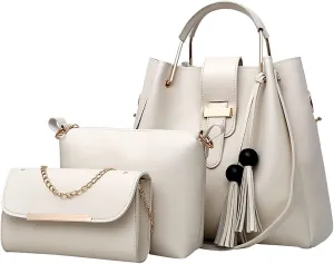Beach Tote Bag 4 Packet Leather Solid Color Handbags Shoulder Bags Crossbody Hobo Bags Card Purse Work Travel Essential A