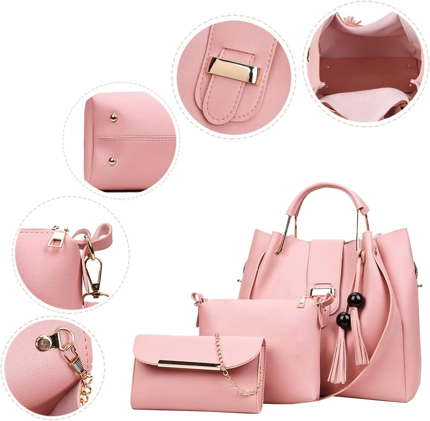 Beach Tote Bag 4 Packet Leather Solid Color Handbags Shoulder Bags Crossbody Hobo Bags Card Purse Work Travel Essential A