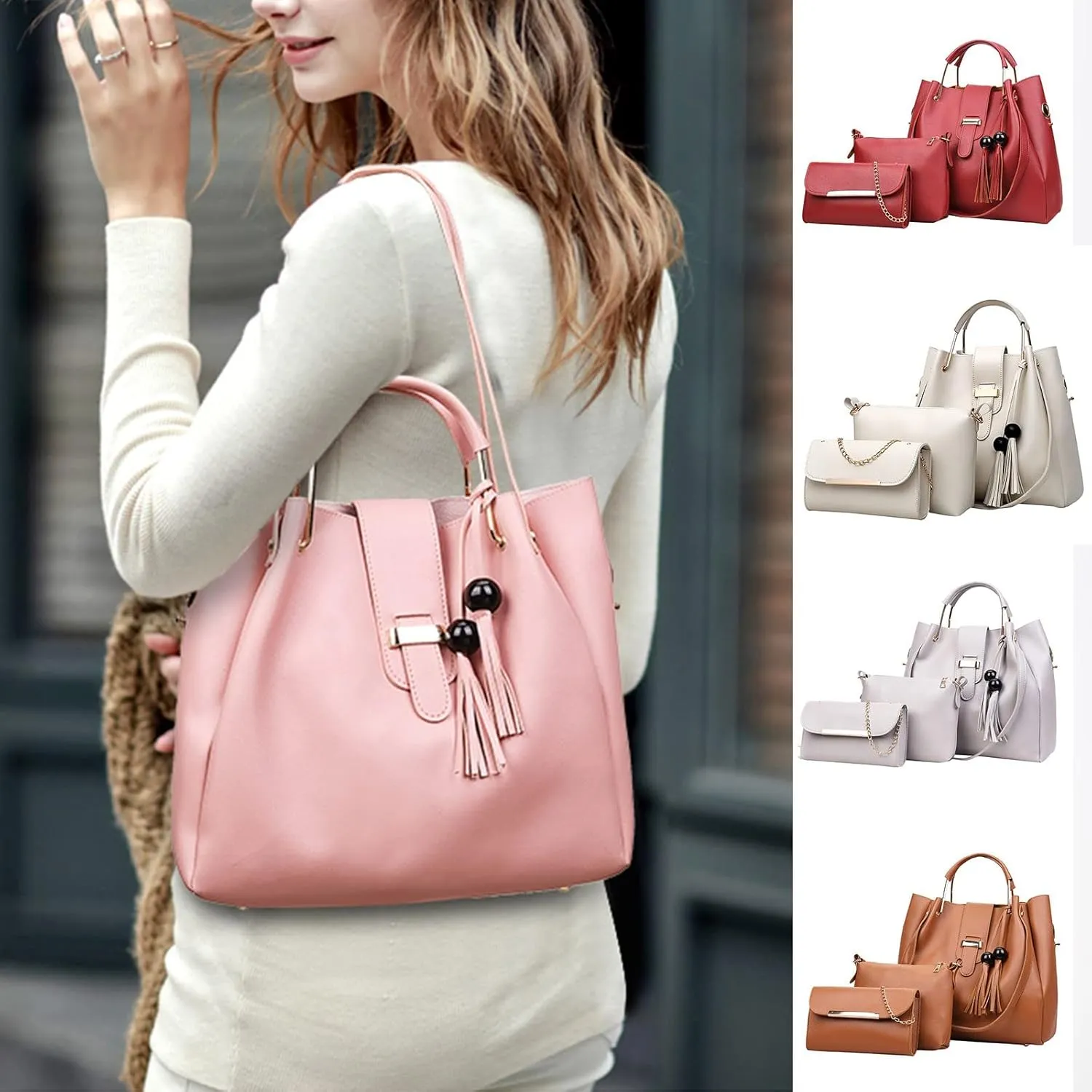 Beach Tote Bag 4 Packet Leather Solid Color Handbags Shoulder Bags Crossbody Hobo Bags Card Purse Work Travel Essential A