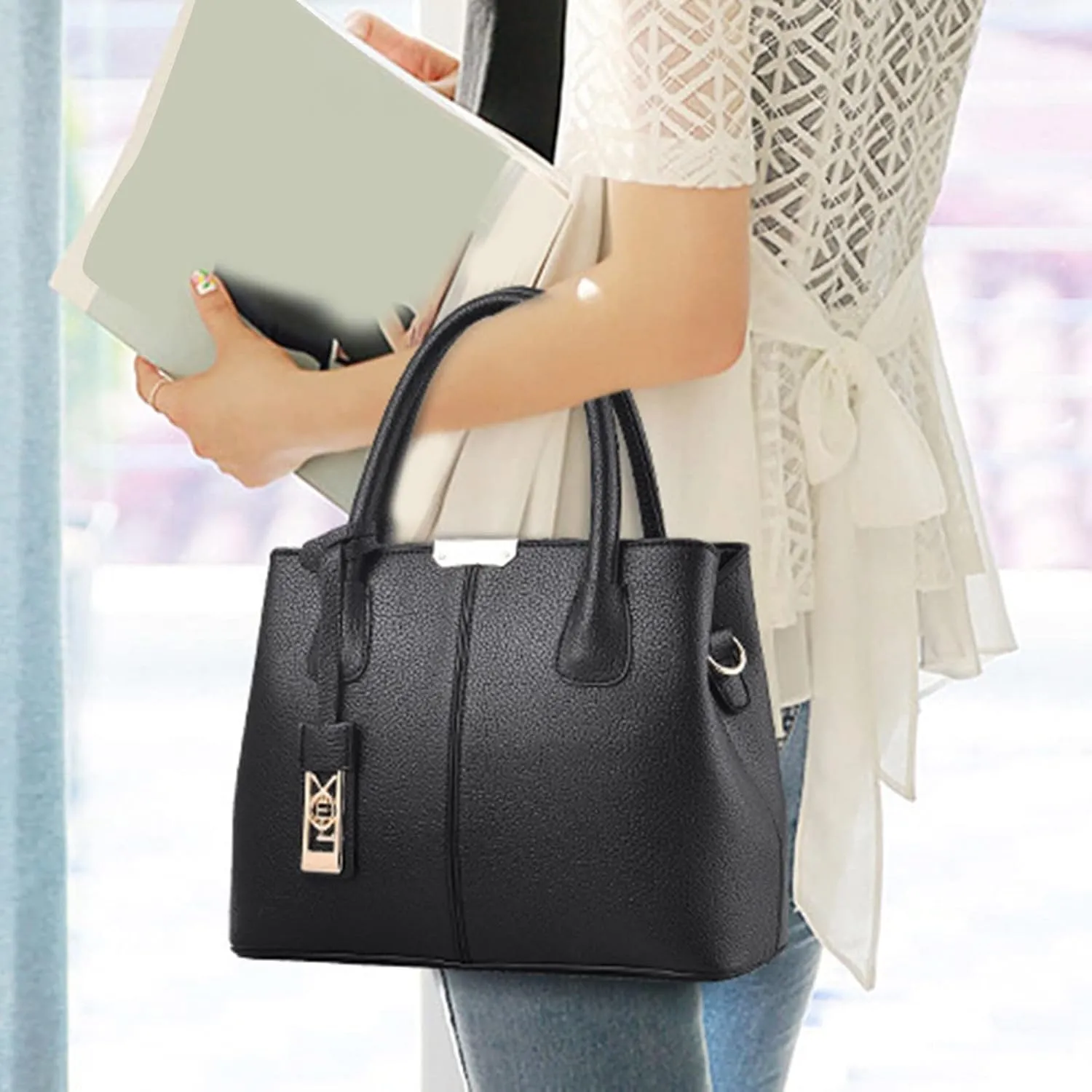 Beach Tote Bag 4 Packet Leather Solid Color Handbags Shoulder Bags Crossbody Hobo Bags Card Purse Work Travel Essential J