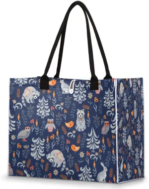 Beach Tote Bag Autumn Forest Animal Bird Raccoon Owl Rabbit Large Travel Bag Utility Tote Bag Women Shoulder Bag Reusable Grocery Bag with Zipper Pouch for Travel Shopping Work
