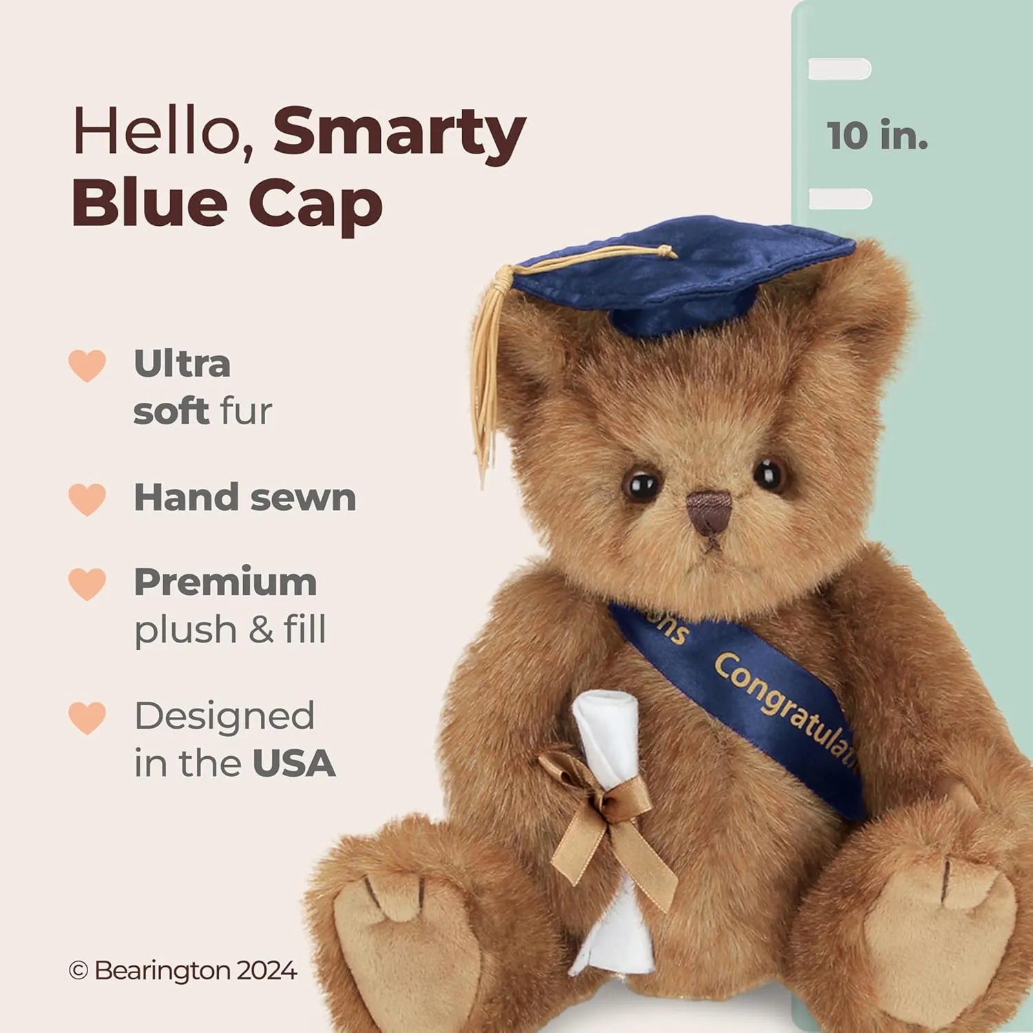 Bearington Collection Smarty Class of 2025 Graduation Plush Teddy Bear Stuffed Animal, Blue Cap, 10 Inch