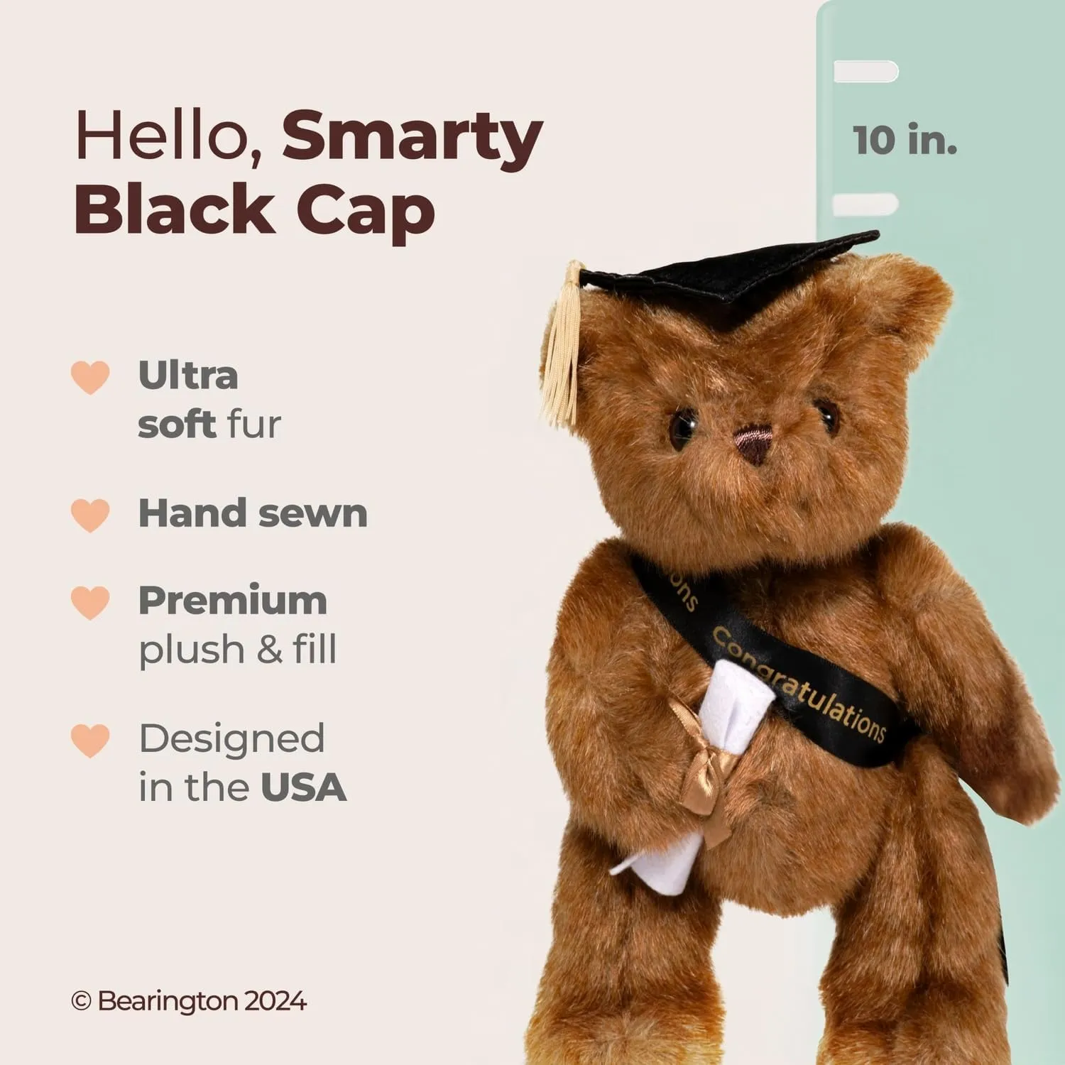 Bearington Smarty Class of 2025 Graduation Plush Teddy Bear Stuffed Animal, Black Cap, 10 Inch