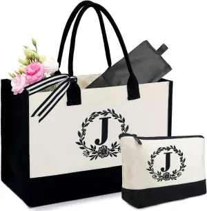 BeeGreen Initial Canvas/Jute Tote Bag Personalized Bag for Wedding, Birthday, Beach, Gift for Women, Mom, Teacher,Friend