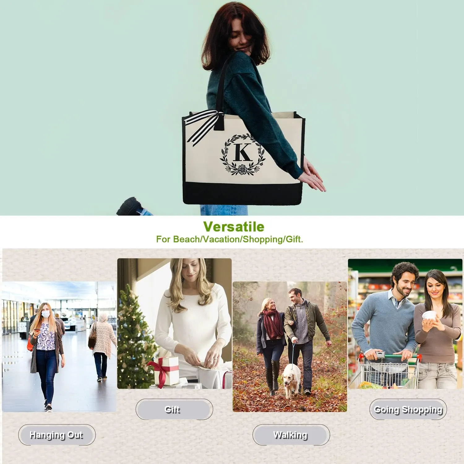 BeeGreen Initial Canvas/Jute Tote Bag Personalized Bag for Wedding, Birthday, Beach, Gift for Women, Mom, Teacher,Friend