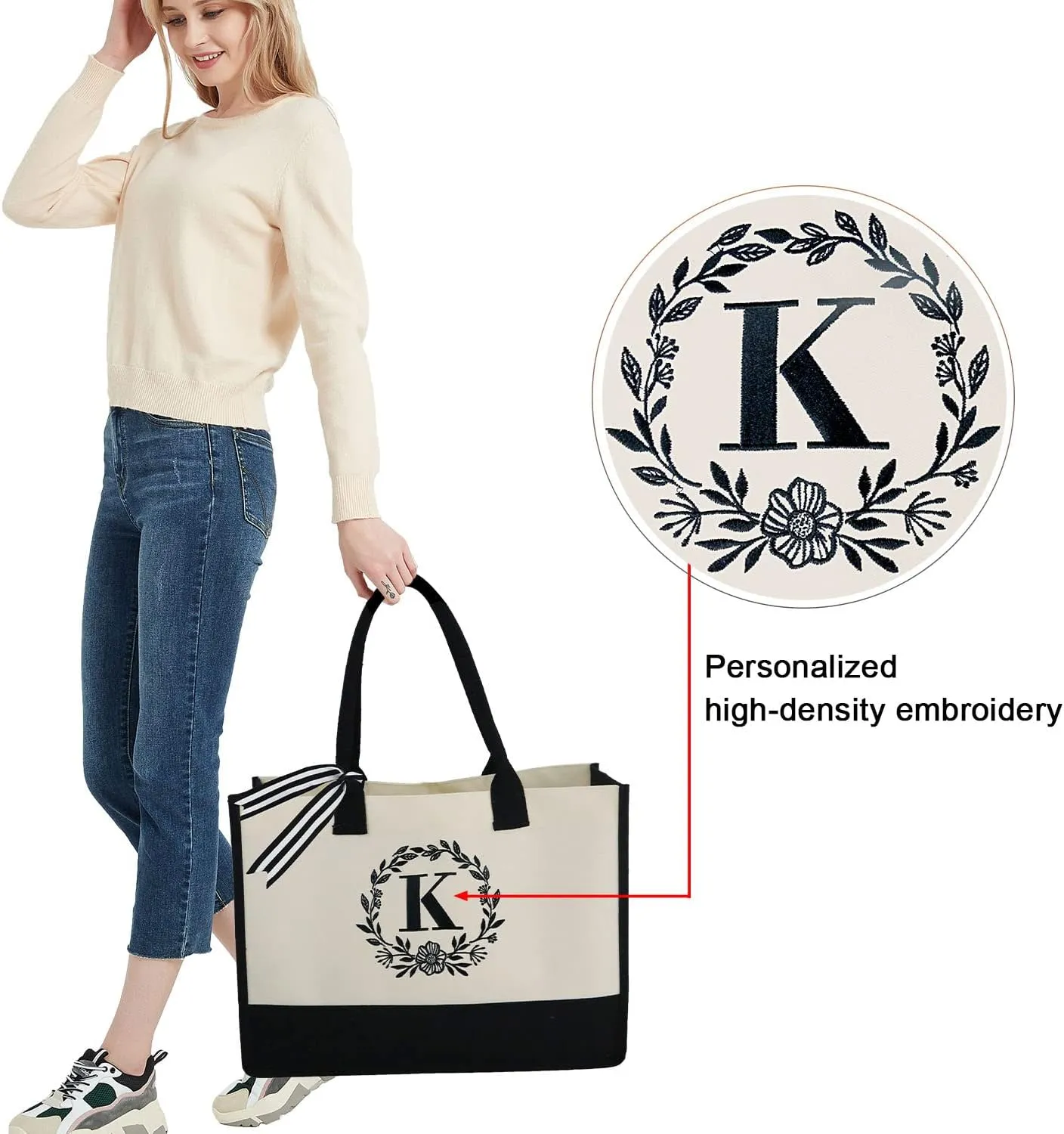 BeeGreen Initial Canvas/Jute Tote Bag Personalized Bag for Wedding, Birthday, Beach, Gift for Women, Mom, Teacher,Friend