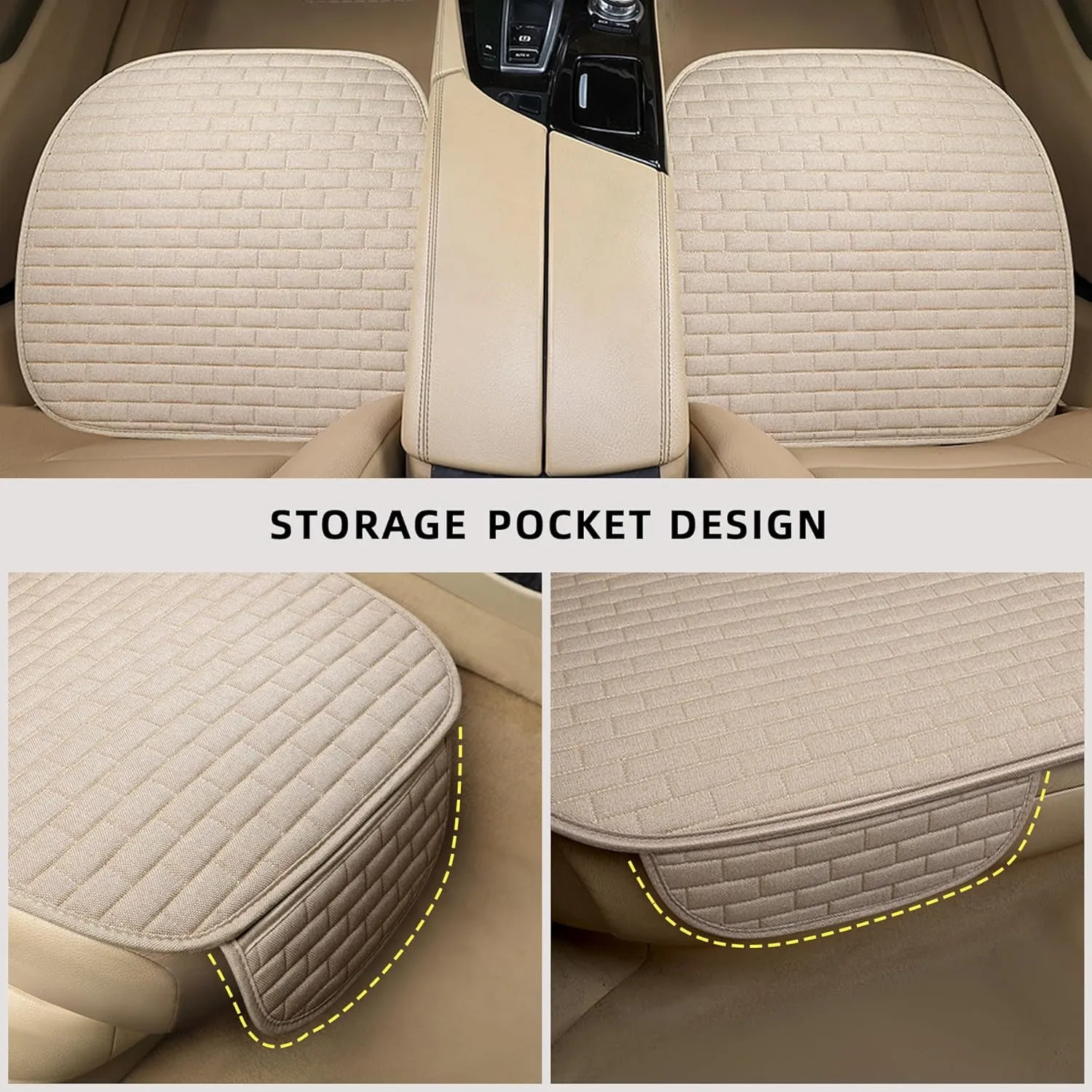 Beige Back Seat Cover, Rear Car Seat Cover for Cars Truck SUV,Seat Covers with Storage Pocket,Bottom Auto Seat Cushion Pad Mat for Most Vehicles-Beige,! Pcs