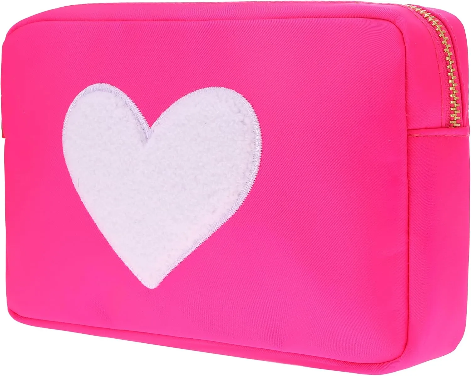 BLOC Bags Travel Makeup Bag, Cosmetic Bags for Women, Medium Cute Toiletry Bag, Make up Bag, Beauty Bag with Chenille Patch and Top Zipper, Inside Zipper Pouch and Mesh Pockets (White Heart, Hot Pink)