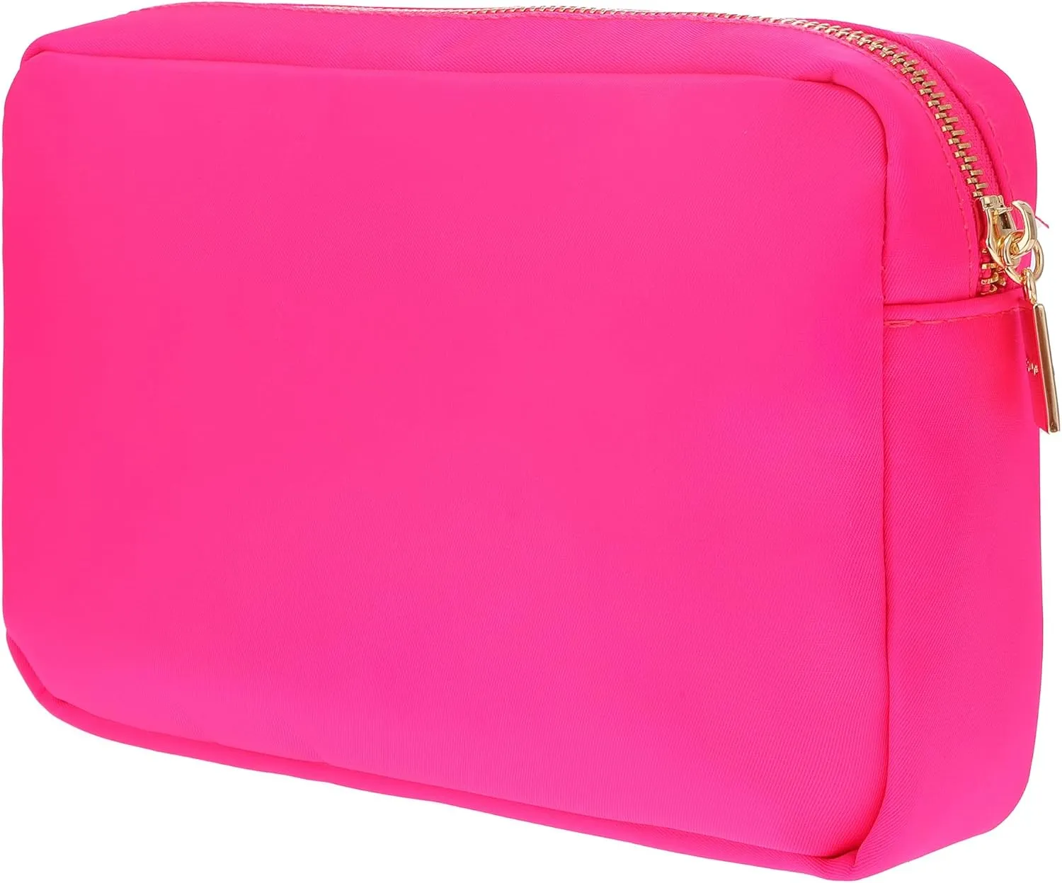BLOC Bags Travel Makeup Bag, Cosmetic Bags for Women, Medium Cute Toiletry Bag, Make up Bag, Beauty Bag with Chenille Patch and Top Zipper, Inside Zipper Pouch and Mesh Pockets (White Heart, Hot Pink)