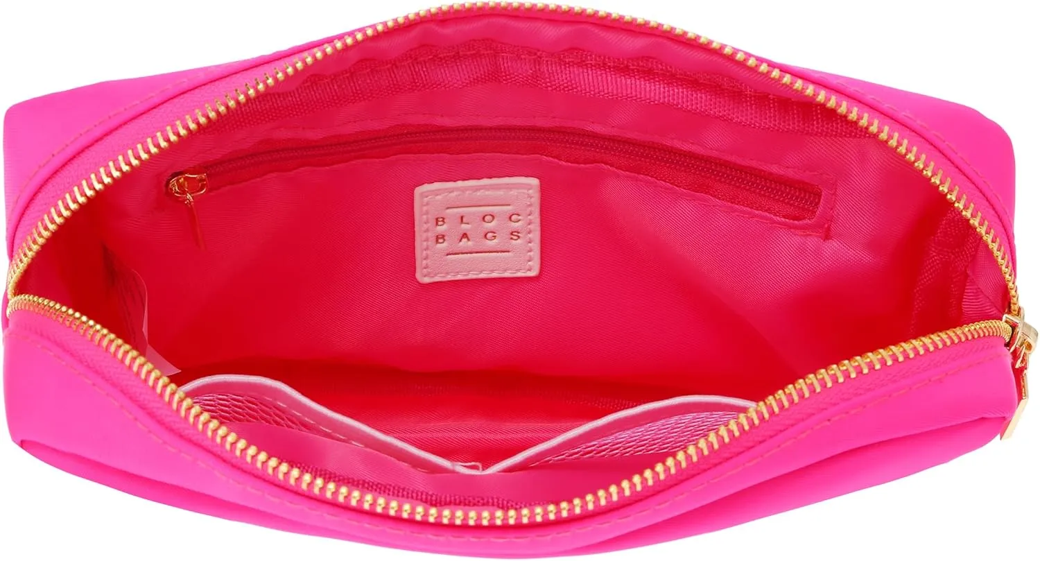 BLOC Bags Travel Makeup Bag, Cosmetic Bags for Women, Medium Cute Toiletry Bag, Make up Bag, Beauty Bag with Chenille Patch and Top Zipper, Inside Zipper Pouch and Mesh Pockets (White Heart, Hot Pink)