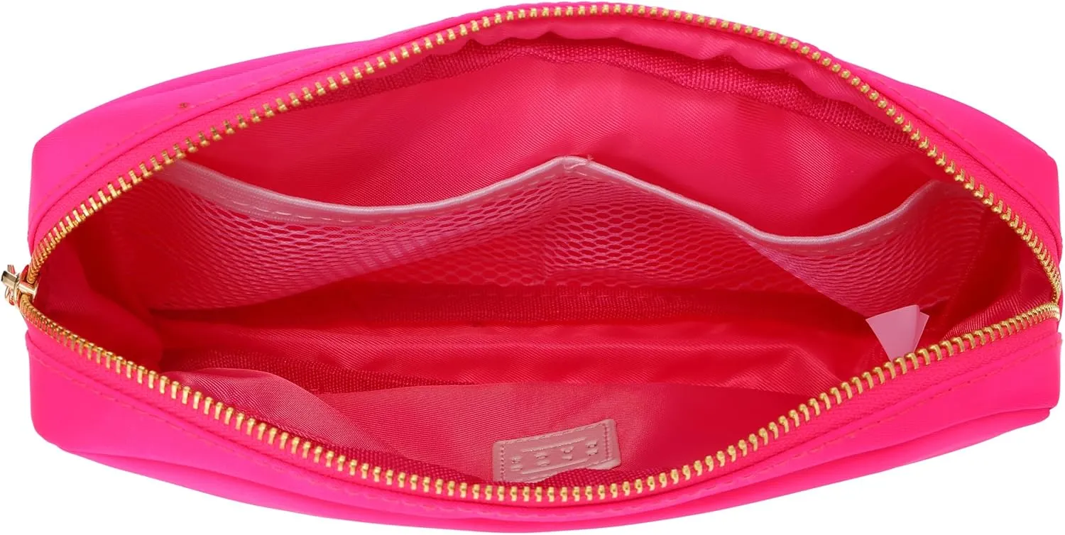 BLOC Bags Travel Makeup Bag, Cosmetic Bags for Women, Medium Cute Toiletry Bag, Make up Bag, Beauty Bag with Chenille Patch and Top Zipper, Inside Zipper Pouch and Mesh Pockets (White Heart, Hot Pink)