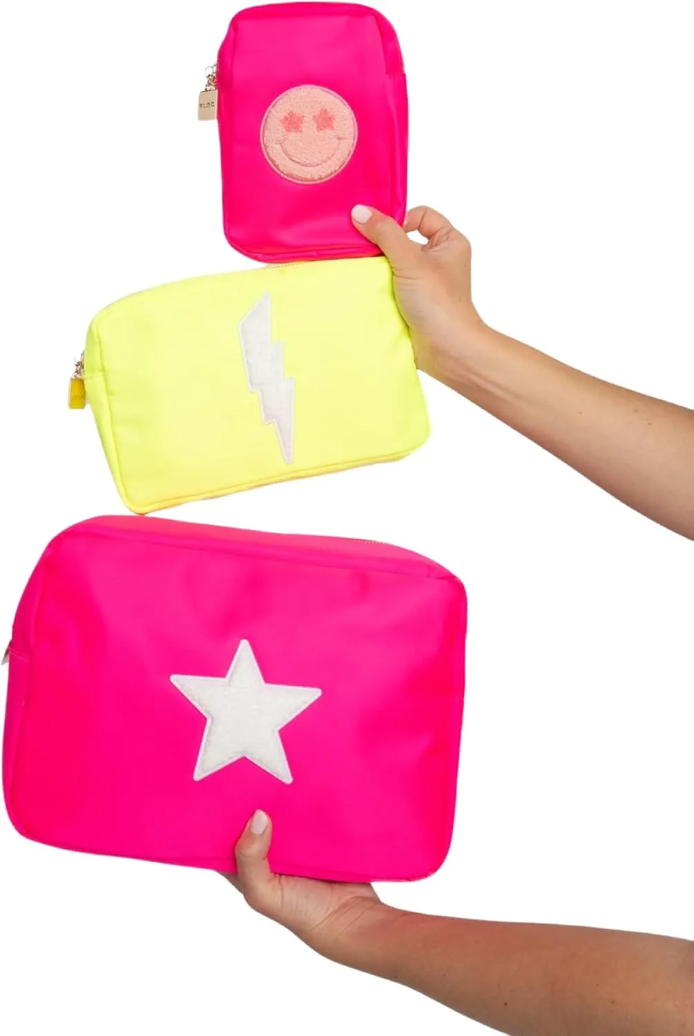 BLOC Bags Travel Makeup Bag, Cosmetic Bags for Women, Medium Cute Toiletry Bag, Make up Bag, Beauty Bag with Chenille Patch and Top Zipper, Inside Zipper Pouch and Mesh Pockets (White Heart, Hot Pink)