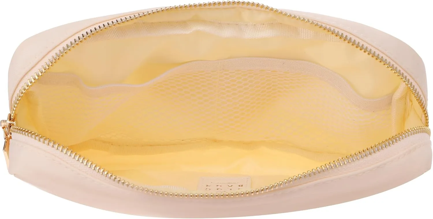 BLOC Bags Travel Makeup Bag, Cosmetic Bags for Women, Medium Cute Toiletry Bag, Make up Bag, Beauty Bag with Chenille Patch and Top Zipper, Inside Zipper Pouch and Mesh Pockets (White Star, Cream)