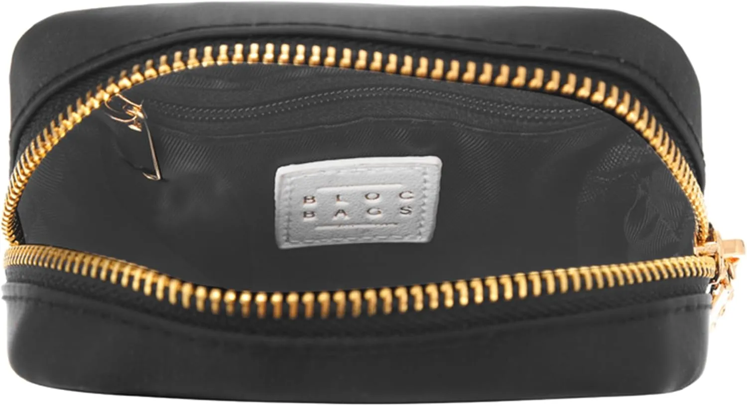BLOC Bags Travel Makeup Bag, Cosmetic Bags for Women, Mini Makeup Bag, Cute Toiletry Bag, Beauty Bag with Chenille Patch, with Inside Zipper Pouch and Mesh Pockets (Black Heart, Black)