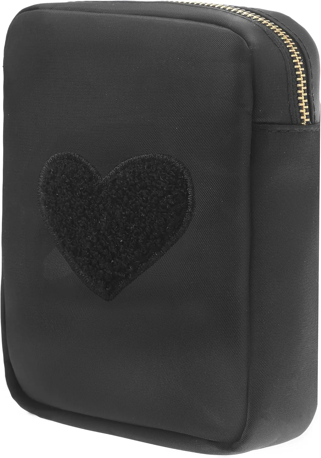 BLOC Bags Travel Makeup Bag, Cosmetic Bags for Women, Mini Makeup Bag, Cute Toiletry Bag, Beauty Bag with Chenille Patch, with Inside Zipper Pouch and Mesh Pockets (Black Heart, Black)