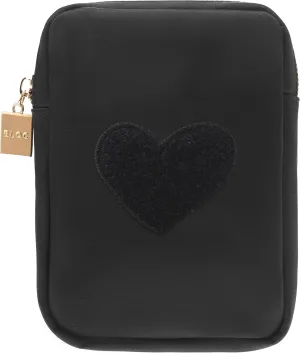 BLOC Bags Travel Makeup Bag, Cosmetic Bags for Women, Mini Makeup Bag, Cute Toiletry Bag, Beauty Bag with Chenille Patch, with Inside Zipper Pouch and Mesh Pockets (Black Heart, Black)