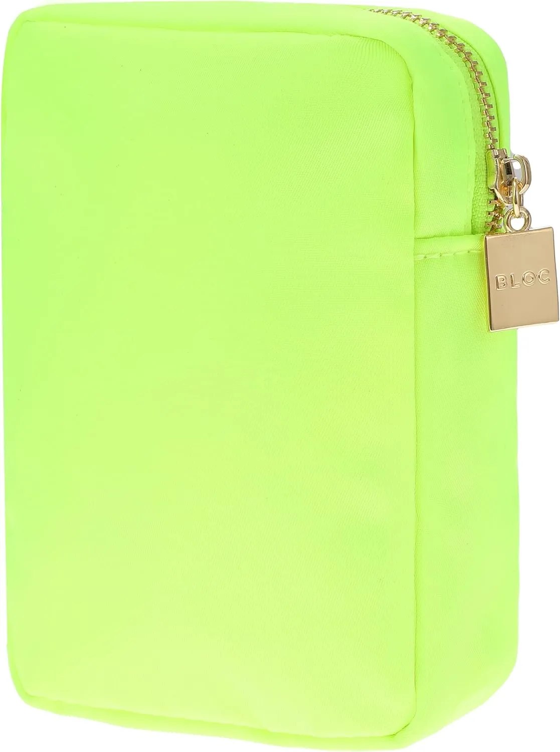 BLOC Bags Travel Makeup Bag, Cosmetic Bags for Women, Mini Makeup Bag, Cute Toiletry Bag, Beauty Bag with Chenille Patch, with Inside Zipper Pouch and Mesh Pockets (Pink Kiss, Neon Yellow)