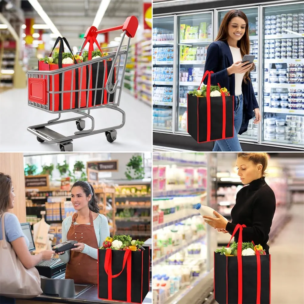 Bodaon 10Pk Collapsible Kitchen Reusable Grocery Bags with Plastic Bottom, the Utility Tote Bag Bulk, Large Folding/Foldable Reusable Shopping Cart for Groceries, Storage Totes Heavy Duty (Black)