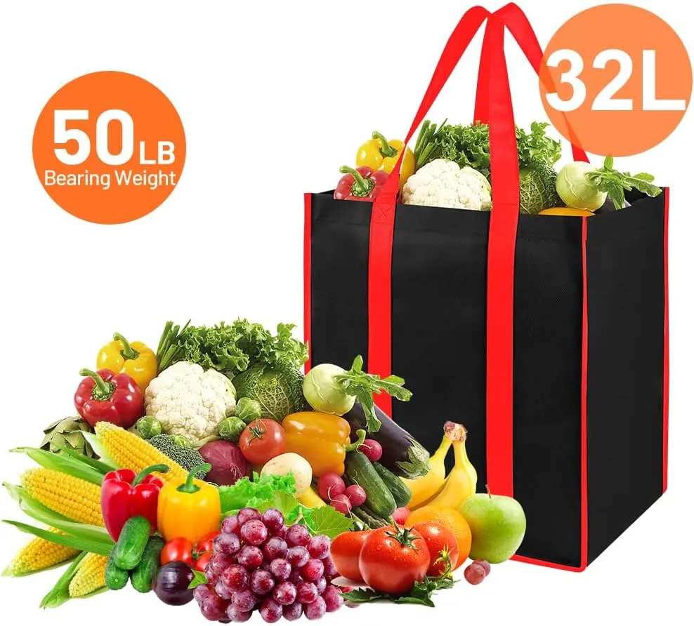 Bodaon 10Pk Collapsible Kitchen Reusable Grocery Bags with Plastic Bottom, the Utility Tote Bag Bulk, Large Folding/Foldable Reusable Shopping Cart for Groceries, Storage Totes Heavy Duty (Black)