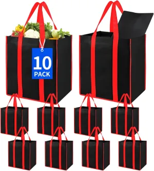 Bodaon 10Pk Collapsible Kitchen Reusable Grocery Bags with Plastic Bottom, the Utility Tote Bag Bulk, Large Folding/Foldable Reusable Shopping Cart for Groceries, Storage Totes Heavy Duty (Black)