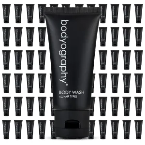 Bodyography - Bulk Body Wash | 50 Count, 1.4oz | Lavender Peppermint, Mini Travel Size Toiletries (100% Recyclable Tube with Flip Top Cap) Hotel Amenities.