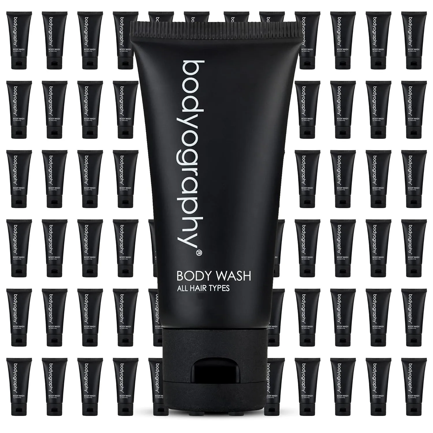 Bodyography - Bulk Body Wash | 50 Count, 1.4oz | Lavender Peppermint, Mini Travel Size Toiletries (100% Recyclable Tube with Flip Top Cap) Hotel Amenities.