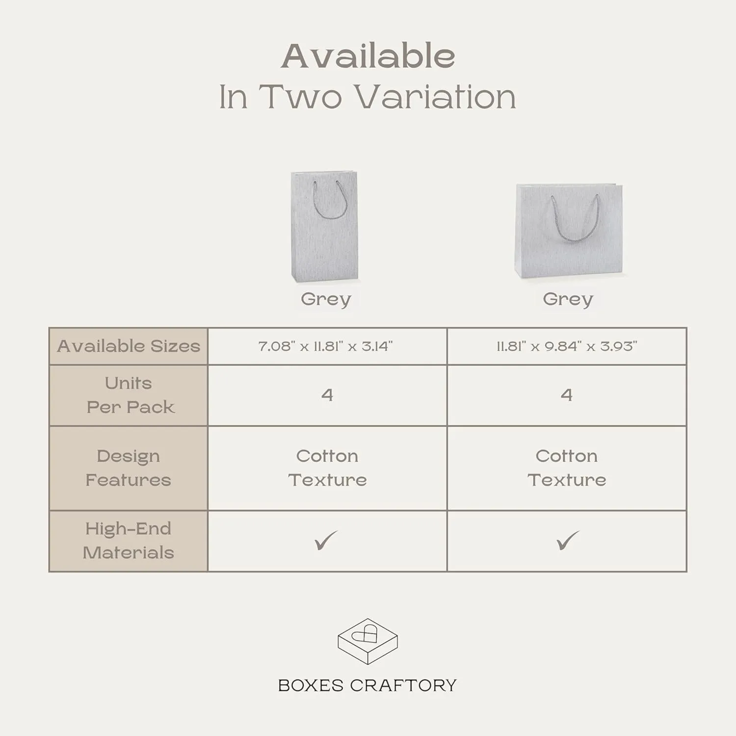 Boxes Craftory Pack of 4 Luxury Shopping Bags (11.81" x 9.84" x 3.93") - Ideal for Bridesmaid Gift, Wedding and Retail - Gray