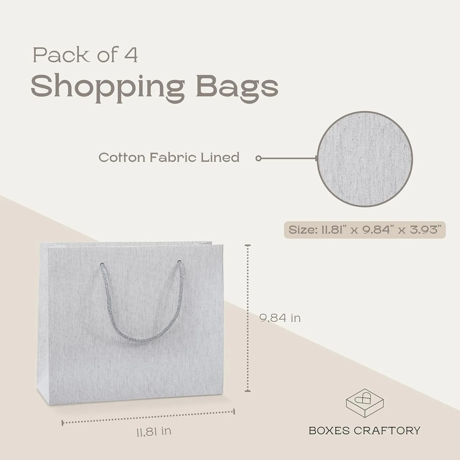 Boxes Craftory Pack of 4 Luxury Shopping Bags (11.81" x 9.84" x 3.93") - Ideal for Bridesmaid Gift, Wedding and Retail - Gray