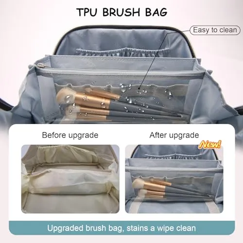 BOYATU Travel Makeup Bags Cosmetic Organizer Bag: 3-Set Large Capacity Make up Bag - PU Leather Toiletry Bags for Women - Wide Open Portable Pouch with Divider & Handle (07-Gold)