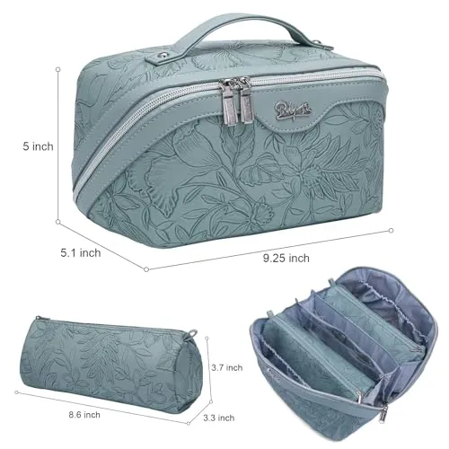 BOYATU Travel Makeup Bags Cosmetic Organizer Bag: 3-Set Large Capacity Make up Bag - PU Leather Toiletry Bags for Women - Wide Open Portable Pouch with Divider & Handle (07-Gold)