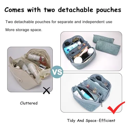 BOYATU Travel Makeup Bags Cosmetic Organizer Bag: 3-Set Large Capacity Make up Bag - PU Leather Toiletry Bags for Women - Wide Open Portable Pouch with Divider & Handle (07-Gold)