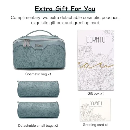 BOYATU Travel Makeup Bags Cosmetic Organizer Bag: 3-Set Large Capacity Make up Bag - PU Leather Toiletry Bags for Women - Wide Open Portable Pouch with Divider & Handle (07-Gold)