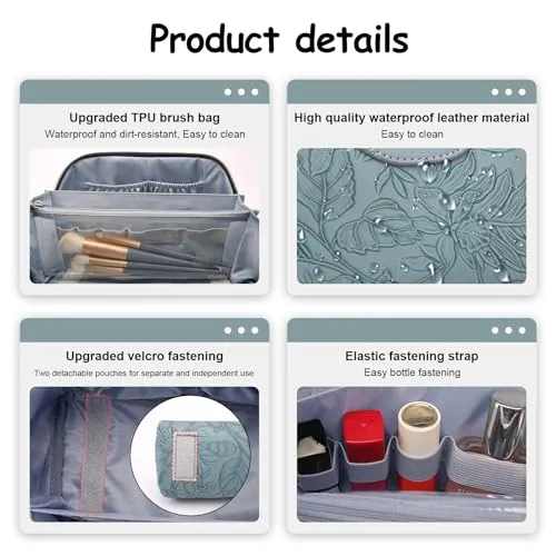 BOYATU Travel Makeup Bags Cosmetic Organizer Bag: 3-Set Large Capacity Make up Bag - PU Leather Toiletry Bags for Women - Wide Open Portable Pouch with Divider & Handle (07-Gold)