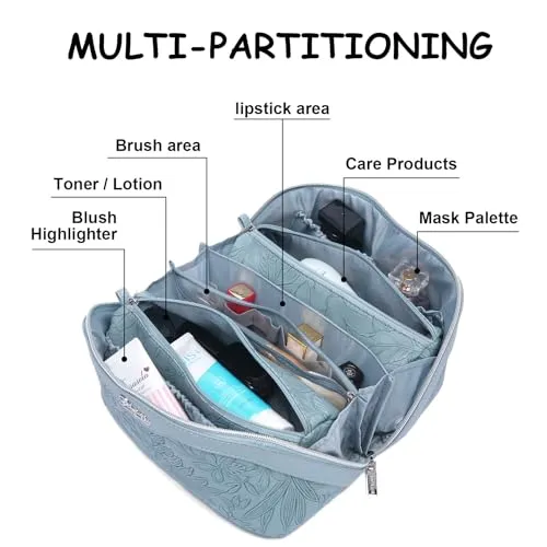 BOYATU Travel Makeup Bags Cosmetic Organizer Bag: 3-Set Large Capacity Make up Bag - PU Leather Toiletry Bags for Women - Wide Open Portable Pouch with Divider & Handle (07-Gold)