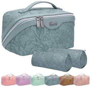 BOYATU Travel Makeup Bags Cosmetic Organizer Bag: 3-Set Large Capacity Make up Bag - PU Leather Toiletry Bags for Women - Wide Open Portable Pouch with Divider & Handle (07-Gold)