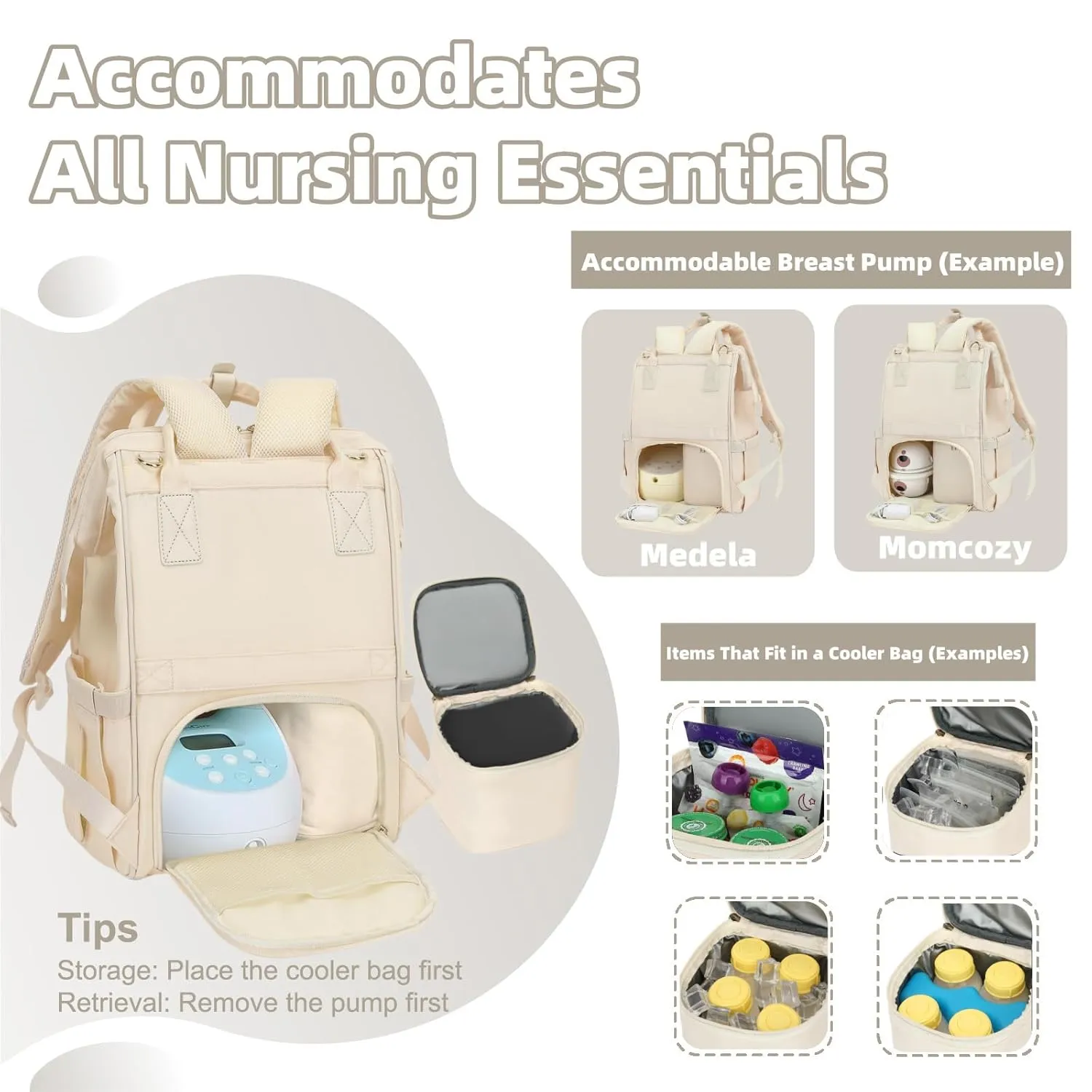 Breast Pump Backpack & Diaper Bag with Cooler, Fits Spectra S1 S2 Medela, Pumping Bag for Work, Fits 15.6" Laptop, 15 Pockets, Reinforced Zippers, Pacifier Case, Stroller Straps, White