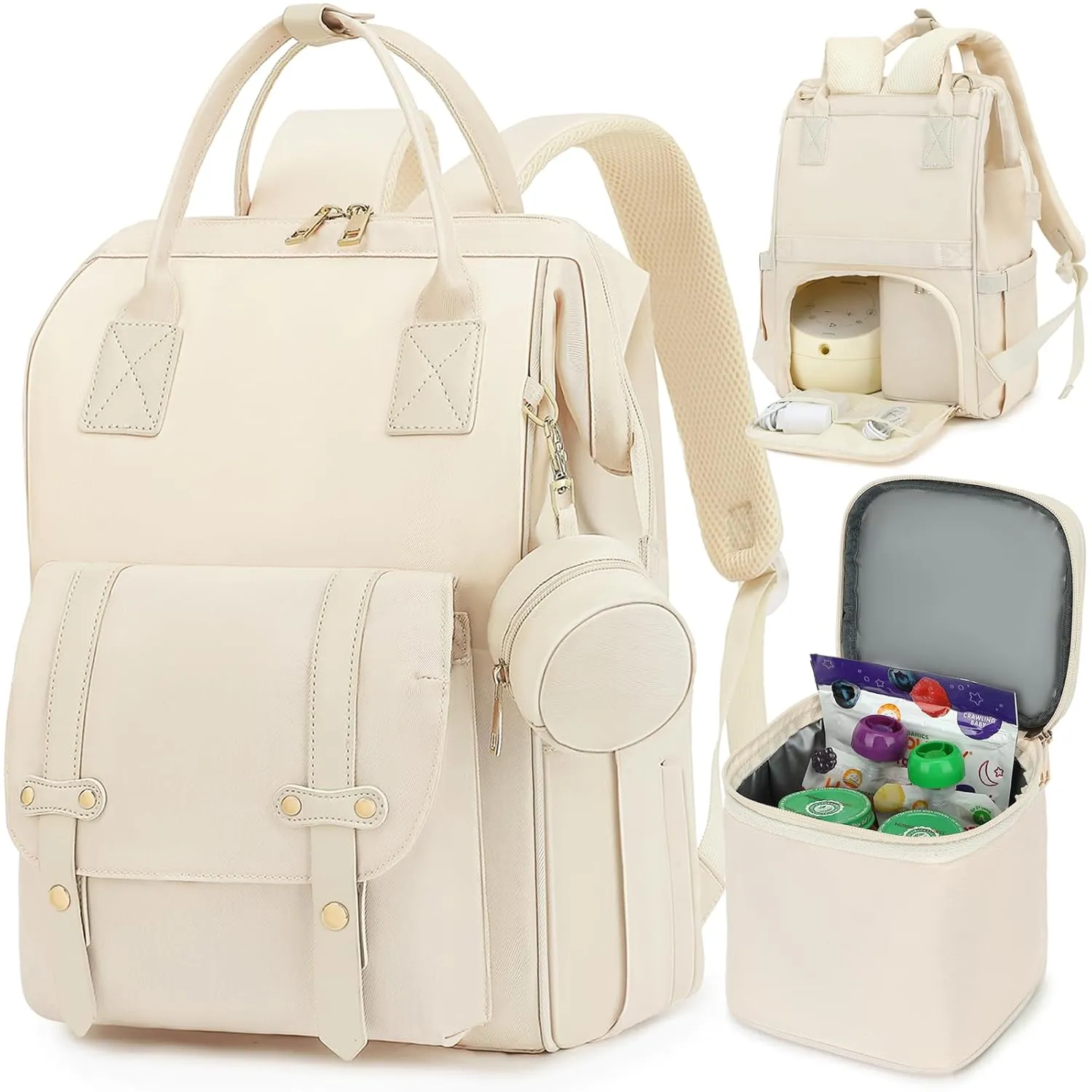 Breast Pump Backpack & Diaper Bag with Cooler, Fits Spectra S1 S2 Medela, Pumping Bag for Work, Fits 15.6" Laptop, 15 Pockets, Reinforced Zippers, Pacifier Case, Stroller Straps, White