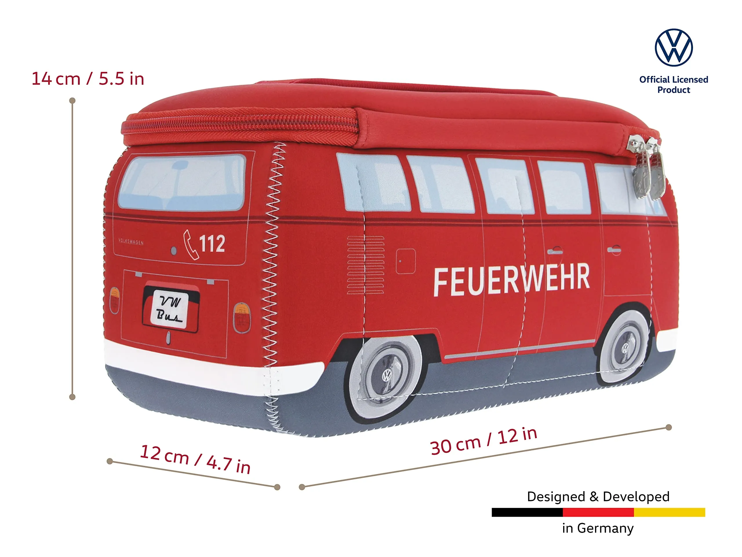 BRISA VW Collection - Volkswagen Neoprene Universal Makeup Cosmetics Toiletry Travel Pharmacy Bag in T1 Bus Design (Firetruck/Red) (Large (11.8 x 5.5 x 4.7 inches))
